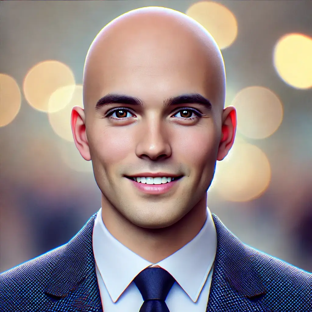 Create an AI avatar of a man with a bald head_ wearing a navy blue suit and tie_ without facial hair_ and appearing around 25 years old. The avatar sh